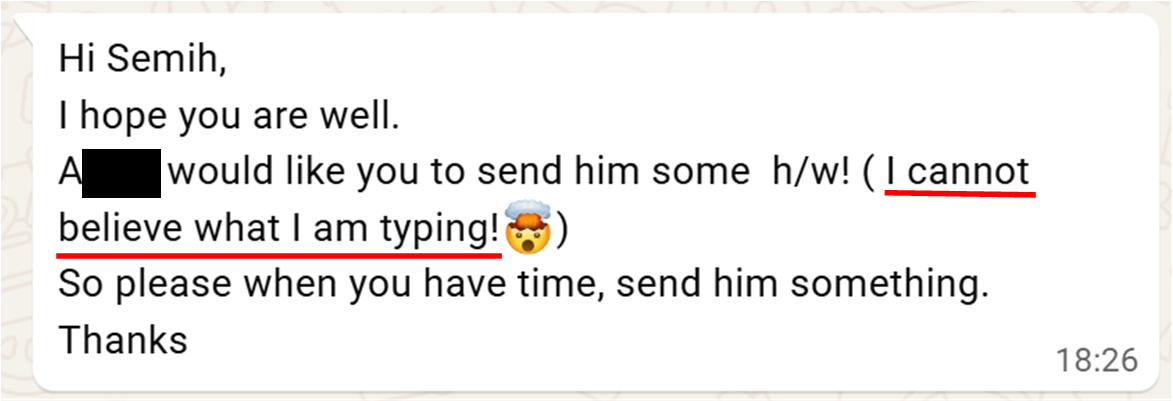 WhatsApp message from parent requesting extra maths homework